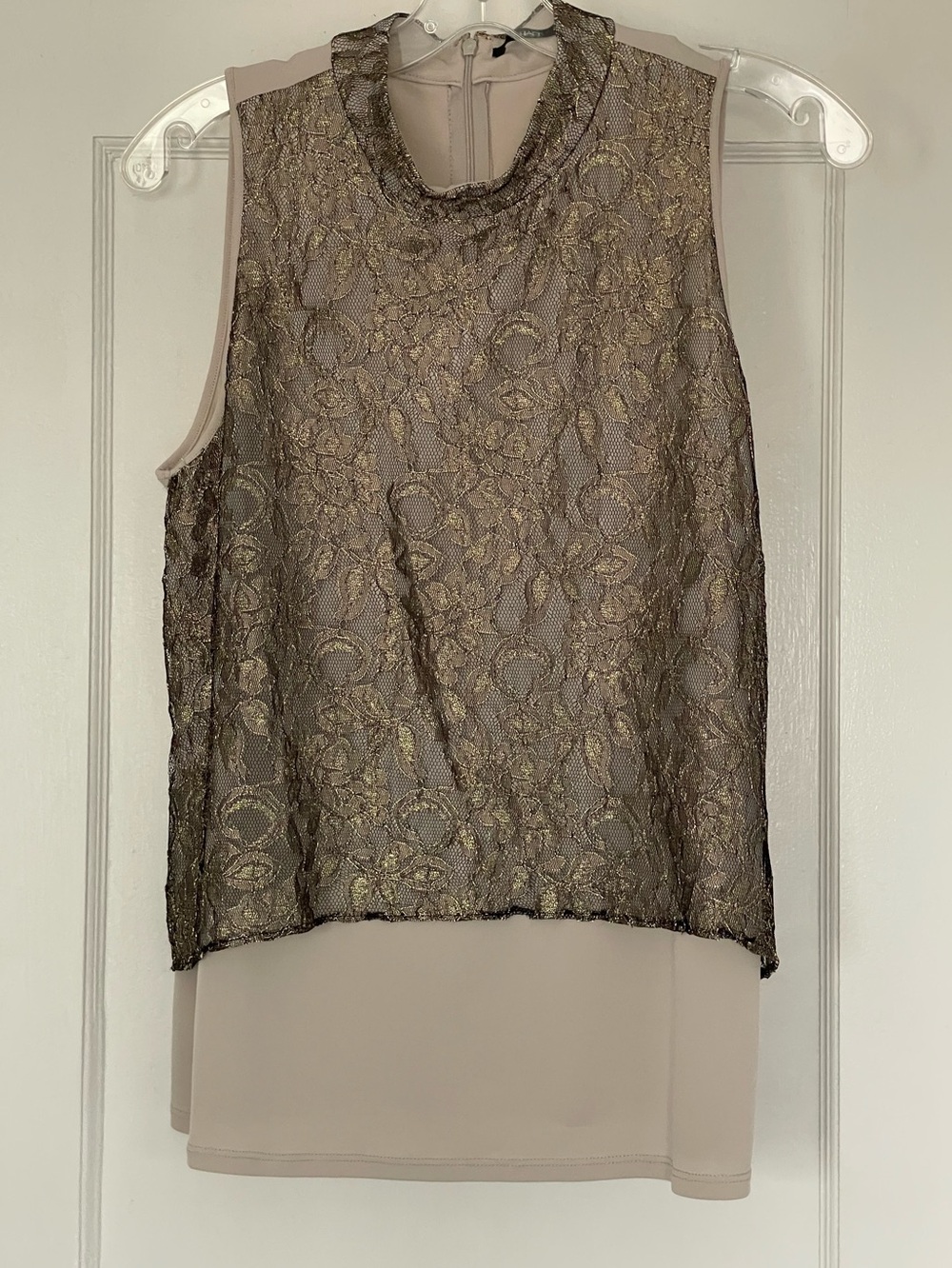 Tahari Taupe Shell with Metallic Gold Lace Overlay